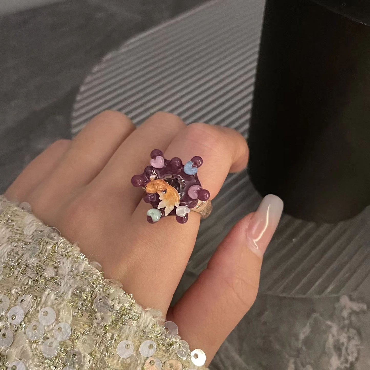 Original Design, Handmade Purple Girl Crystal Beads, Colorful Forest Series Open Ring, Female INS Light Luxury Treasure