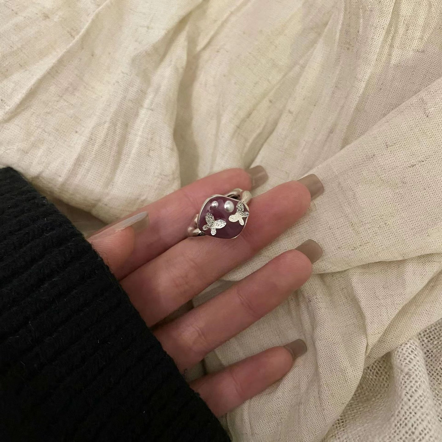 Original Design, Handmade Purple Girl Crystal Beads, Colorful Forest Series Open Ring, Female INS Light Luxury Treasure