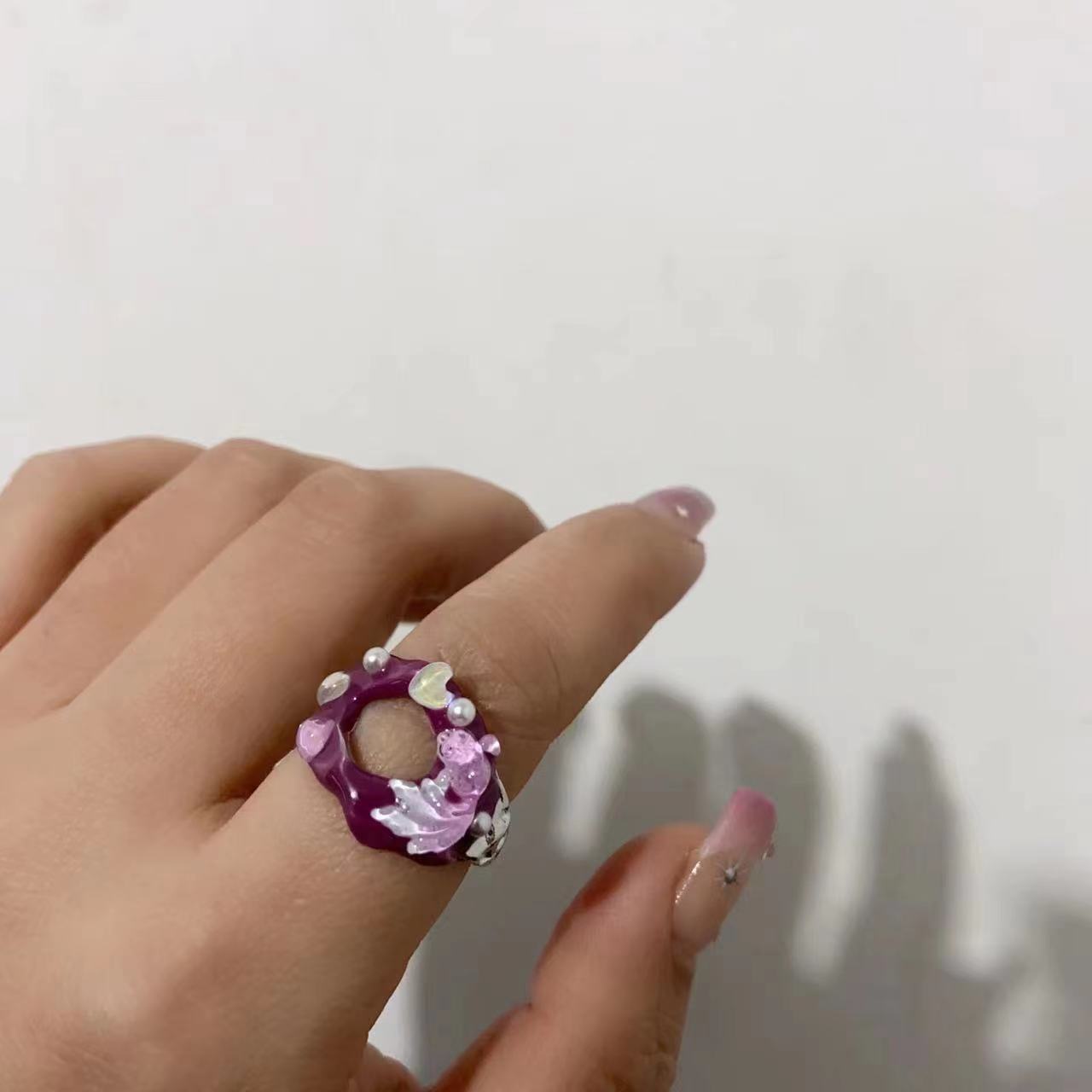 Original Design, Handmade Purple Girl Crystal Beads, Colorful Forest Series Open Ring, Female INS Light Luxury Treasure