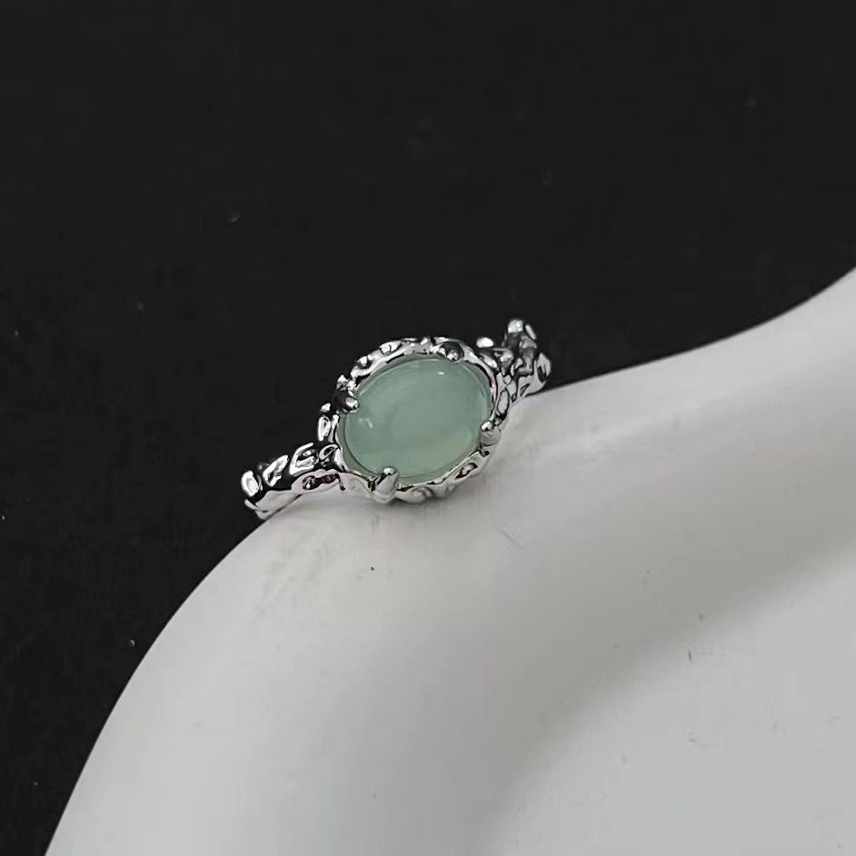 New Chinese style adjustable opening ring with irregular insets, cool and light luxury, niche design jewelry, green stone opening