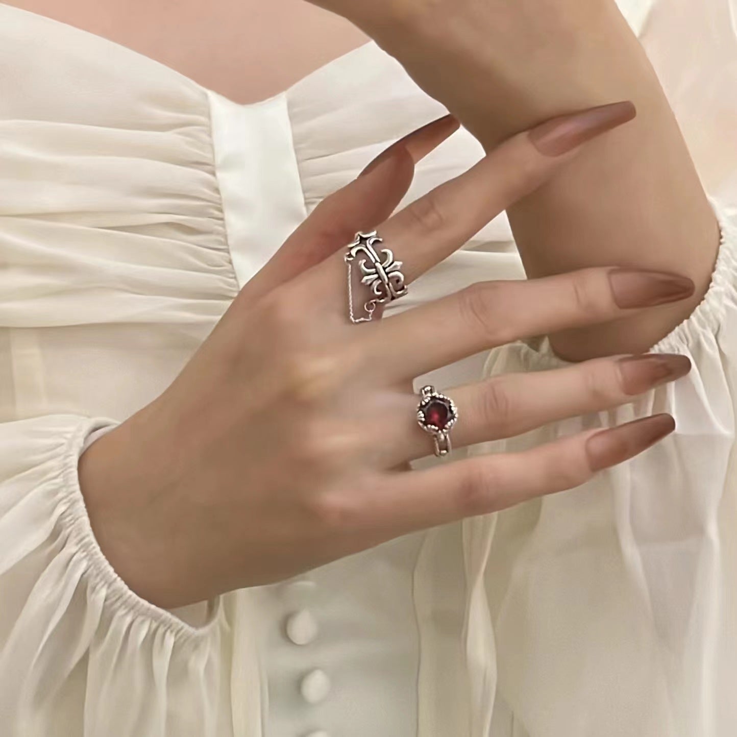Vintage Zircon Geometry Cross Chain Tassel Open Ring Cold Wind Index Finger Ring Personalized Handicraft