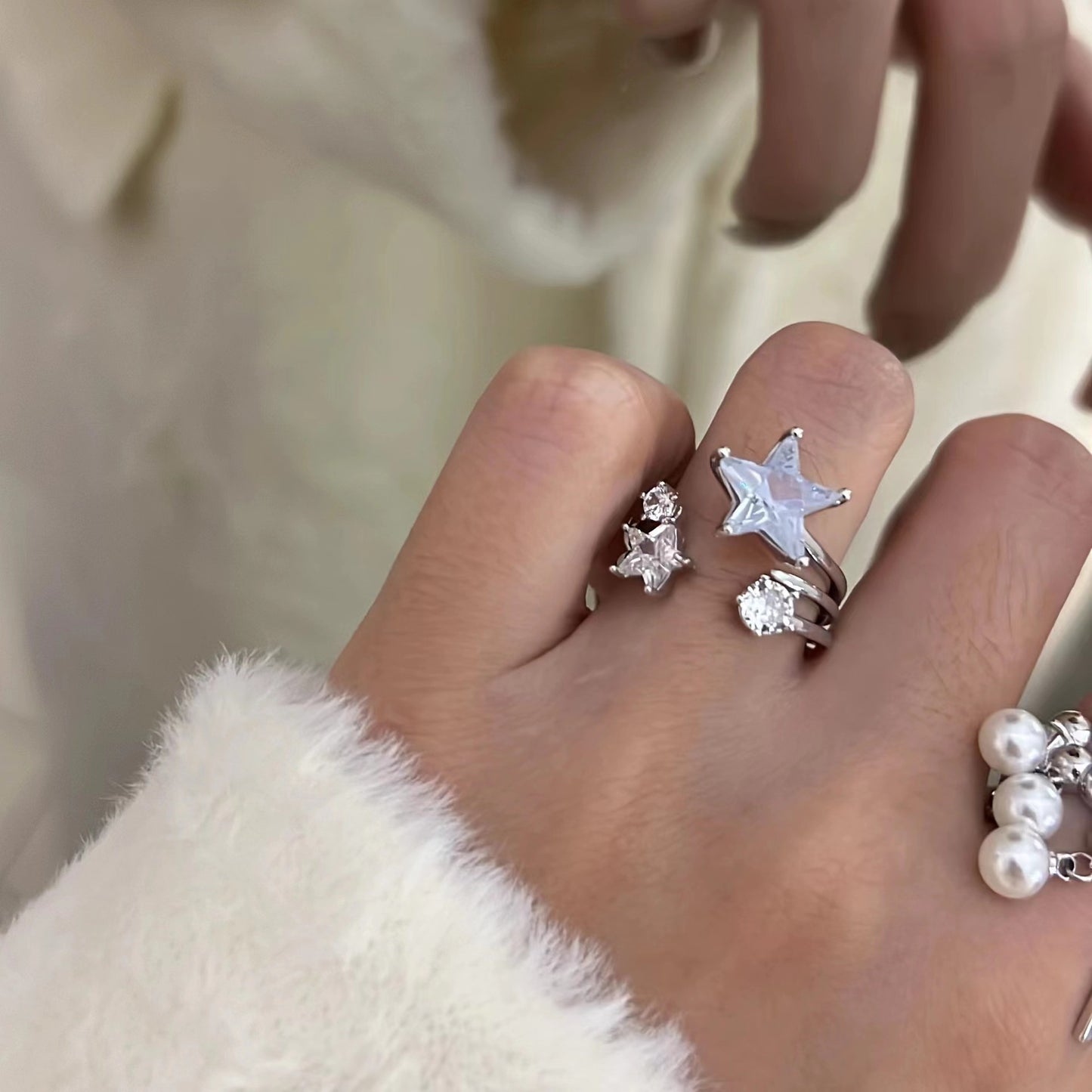 Quick Xu Star Love Zircon Ring for Female Ins with a Small Crowd Design Sense and High Grade Pearl Tassel Index Finger Ring Opening