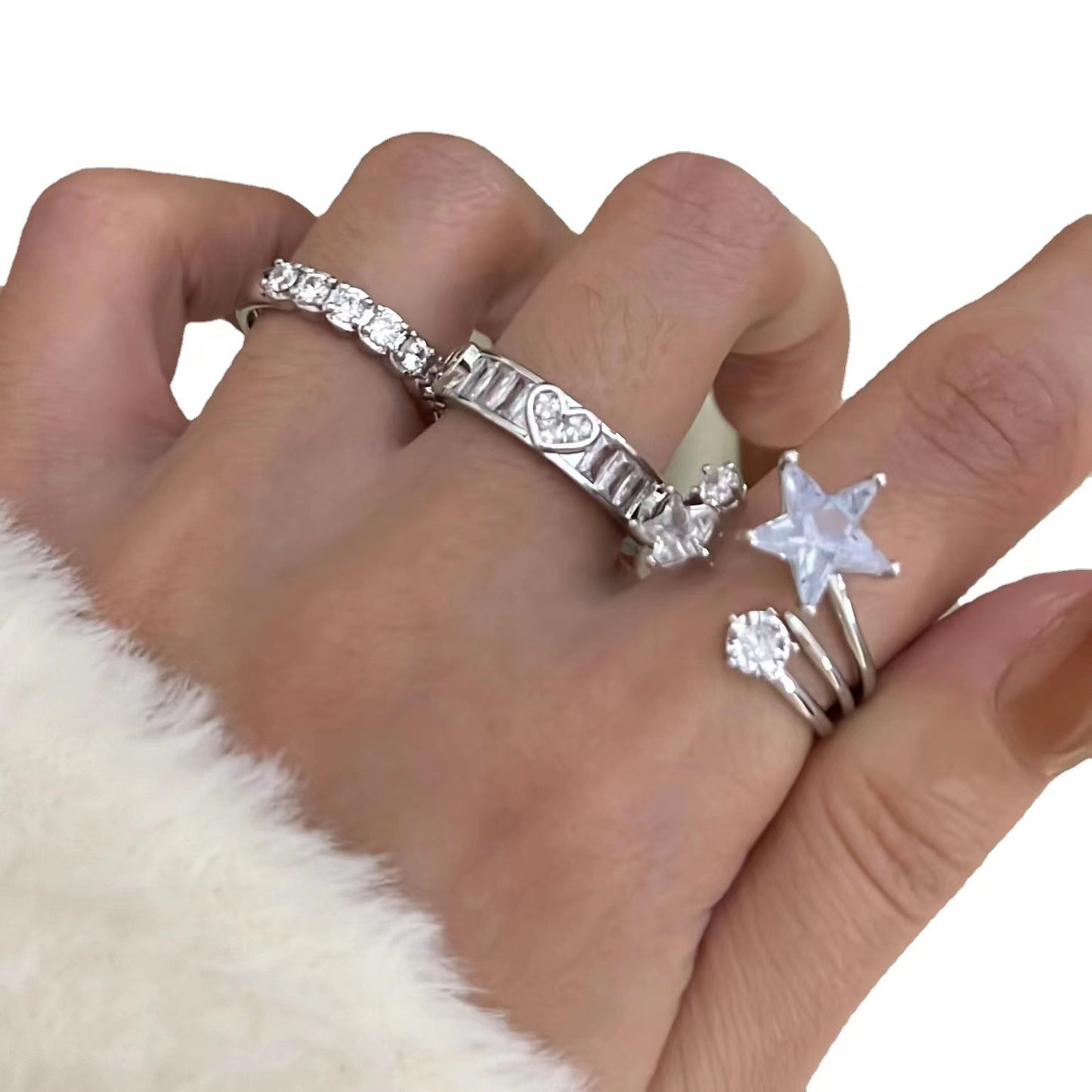 Quick Xu Star Love Zircon Ring for Female Ins with a Small Crowd Design Sense and High Grade Pearl Tassel Index Finger Ring Opening