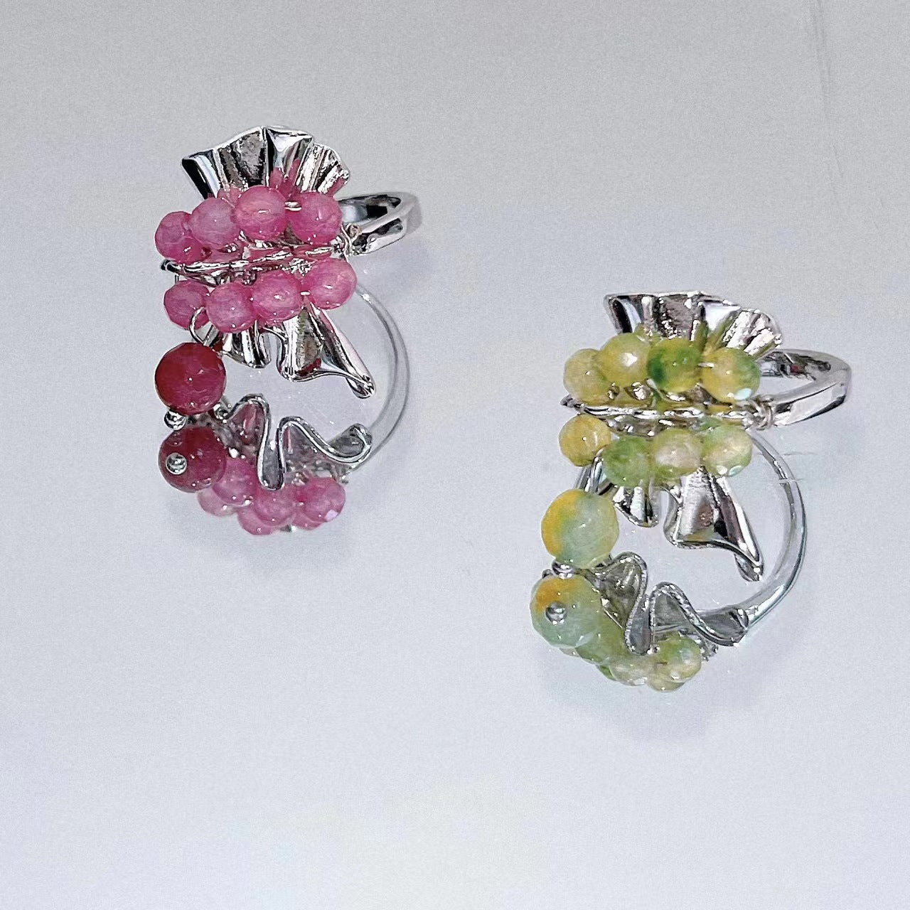 Small group design fireworks exploding bead ring ins green tourmaline bead original high-end feeling pleated ring
