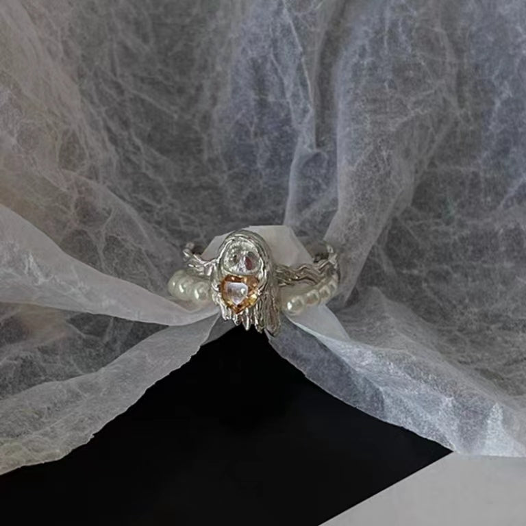 Full S925 Sterling Silver Cute Ghost Shape Pearl Double Layer Ring Open Ring