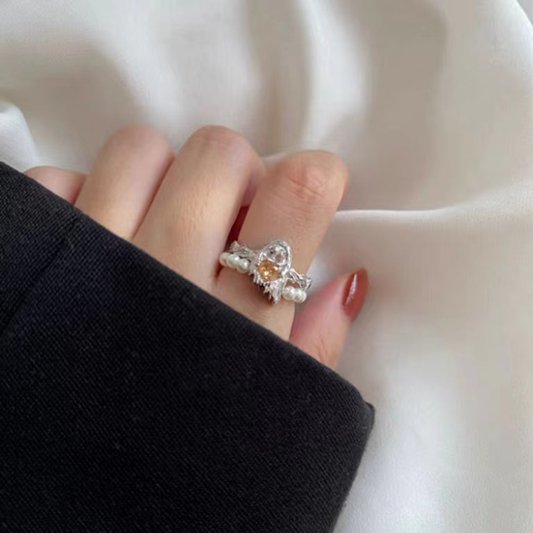 Full S925 Sterling Silver Cute Ghost Shape Pearl Double Layer Ring Open Ring