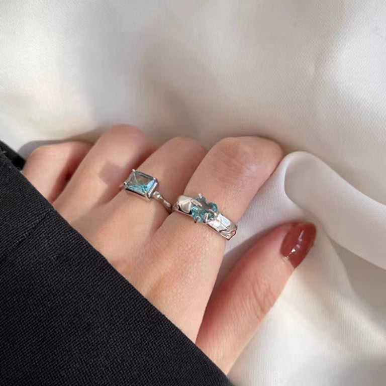 Full S925 Sterling Silver Simple Fashion Diamond Set Blue Zircon Heart Ring Open Ring