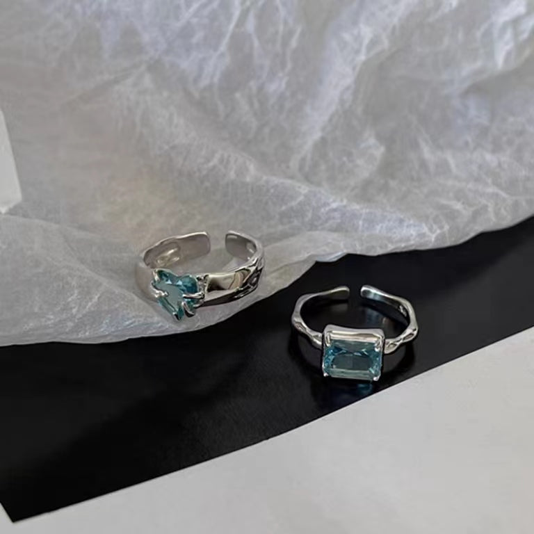 Full S925 Sterling Silver Simple Fashion Diamond Set Blue Zircon Heart Ring Open Ring