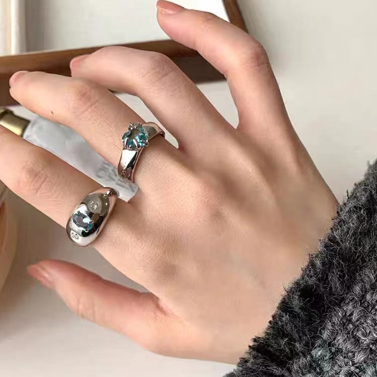Irregular Metal Blue Zircon Love Ring for Women in South Korea: Retro Personality, Simple and Versatile Style Ring