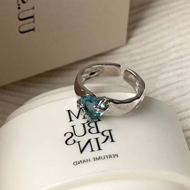 Irregular Metal Blue Zircon Love Ring for Women in South Korea: Retro Personality, Simple and Versatile Style Ring