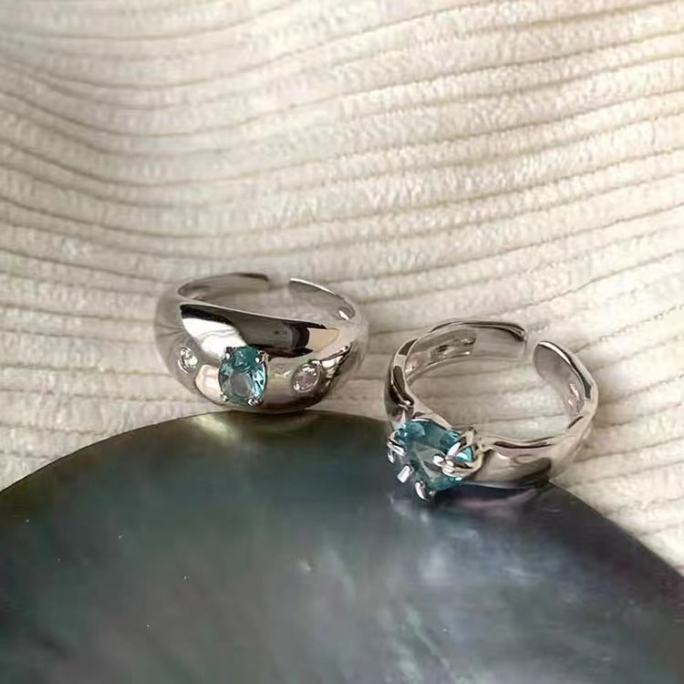 Irregular Metal Blue Zircon Love Ring for Women in South Korea: Retro Personality, Simple and Versatile Style Ring