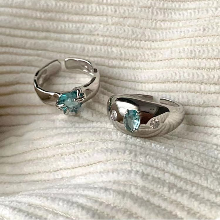 Irregular Metal Blue Zircon Love Ring for Women in South Korea: Retro Personality, Simple and Versatile Style Ring
