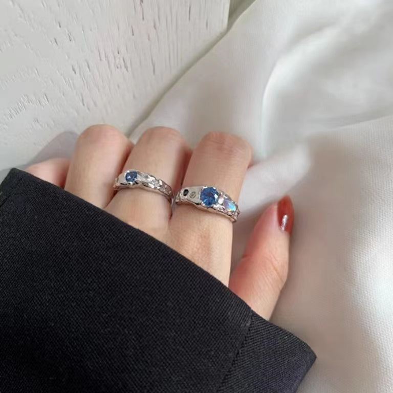 Full S925 Sterling Silver Fashion Irregular Lava Fold Texture Set with Diamond Blue Zircon Moonlight Stone Ring