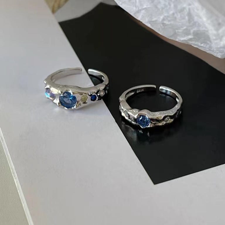 Full S925 Sterling Silver Fashion Irregular Lava Fold Texture Set with Diamond Blue Zircon Moonlight Stone Ring