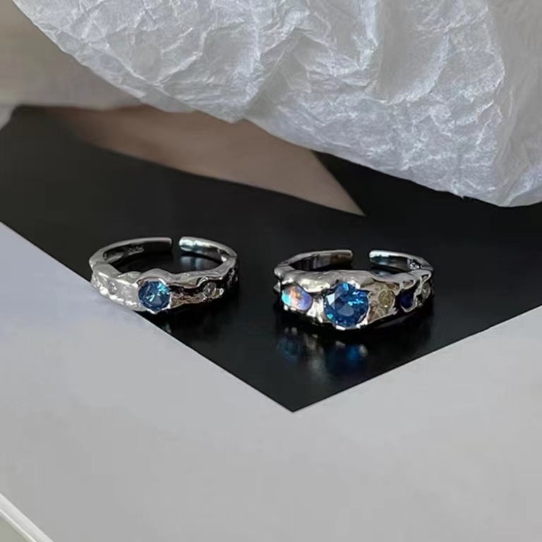 Full S925 Sterling Silver Fashion Irregular Lava Fold Texture Set with Diamond Blue Zircon Moonlight Stone Ring