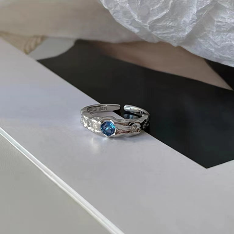 Full S925 Sterling Silver Fashion Irregular Lava Fold Texture Set with Diamond Blue Zircon Moonlight Stone Ring