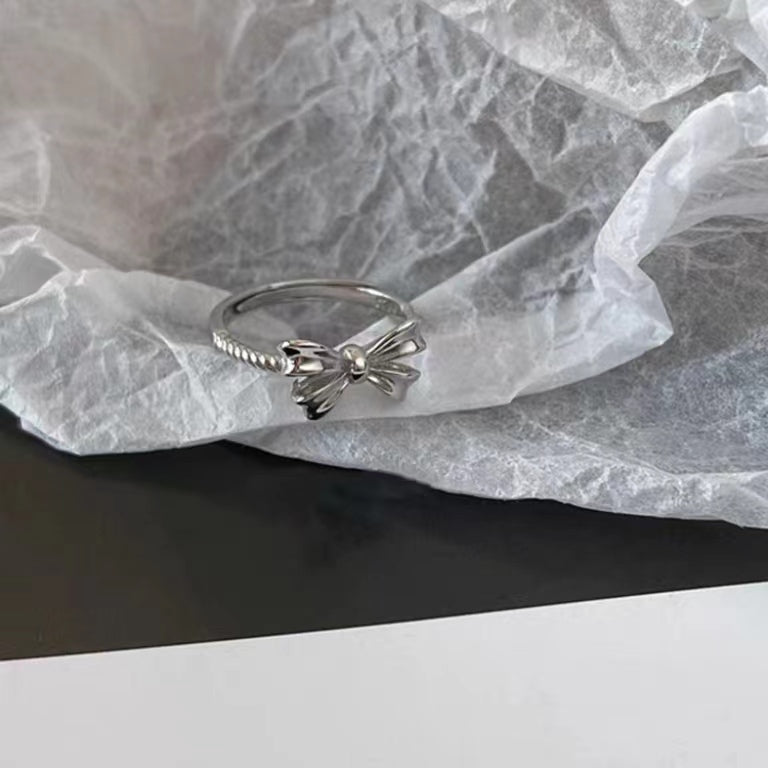 Full S925 Sterling Silver Fashion Sweet Cool Pink Diamond Love Chain Band Ring Bow Knot Ring