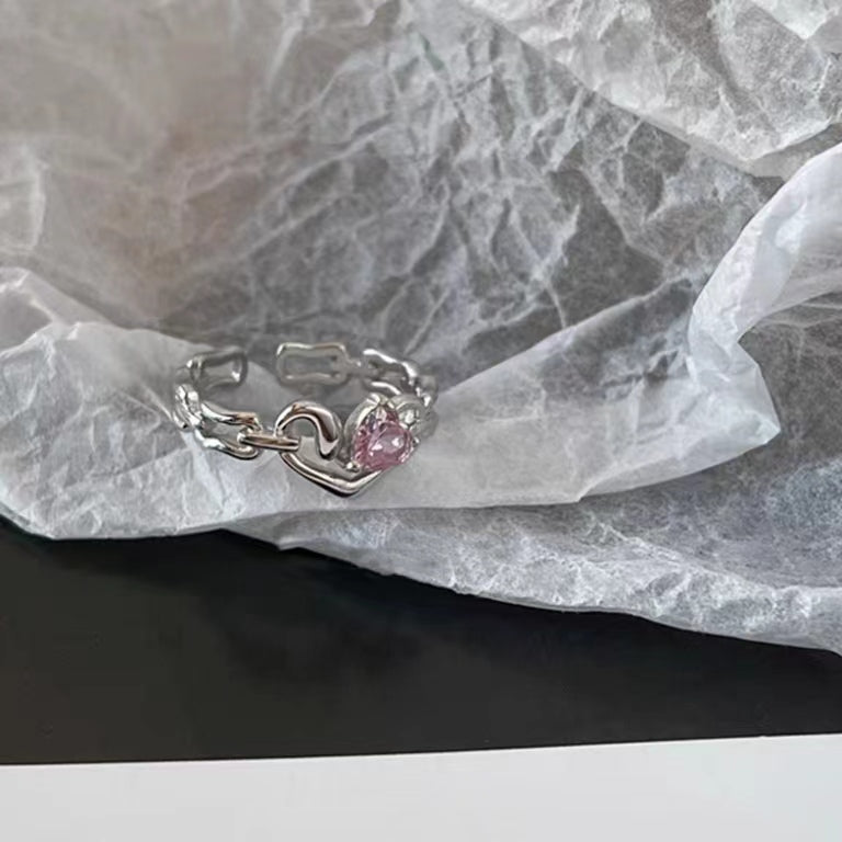 Full S925 Sterling Silver Fashion Sweet Cool Pink Diamond Love Chain Band Ring Bow Knot Ring