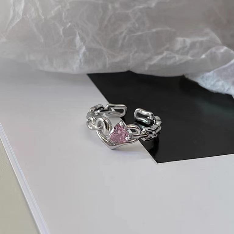 Full S925 Sterling Silver Fashion Sweet Cool Pink Diamond Love Chain Band Ring Bow Knot Ring