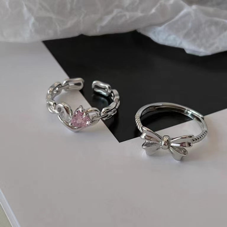 Full S925 Sterling Silver Fashion Sweet Cool Pink Diamond Love Chain Band Ring Bow Knot Ring