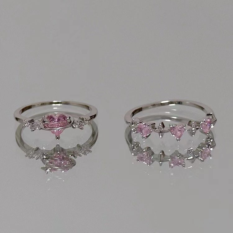 Sweet and Cool Pink Diamond Love Ring in Korean Fashion, Personality, and Small Crowd Design, Cool and Exquisite Zircon Index Finger Ring for Women