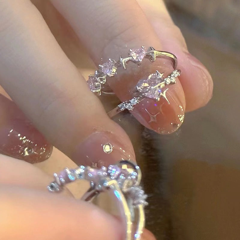 Sweet and Cool Pink Diamond Love Ring in Korean Fashion, Personality, and Small Crowd Design, Cool and Exquisite Zircon Index Finger Ring for Women