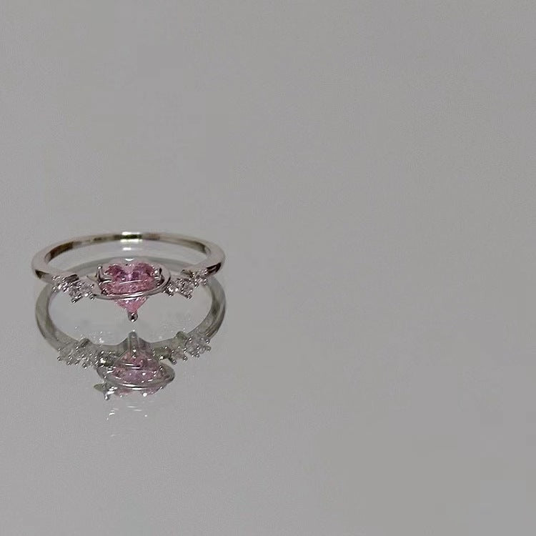 Sweet and Cool Pink Diamond Love Ring in Korean Fashion, Personality, and Small Crowd Design, Cool and Exquisite Zircon Index Finger Ring for Women