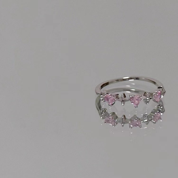 Sweet and Cool Pink Diamond Love Ring in Korean Fashion, Personality, and Small Crowd Design, Cool and Exquisite Zircon Index Finger Ring for Women