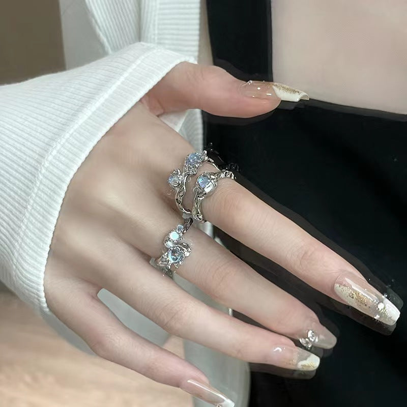 Moonlight Stone Small Design Sense INS Cold Wind Ring Female Gem High Grade Sense French Irregular Fold Ring