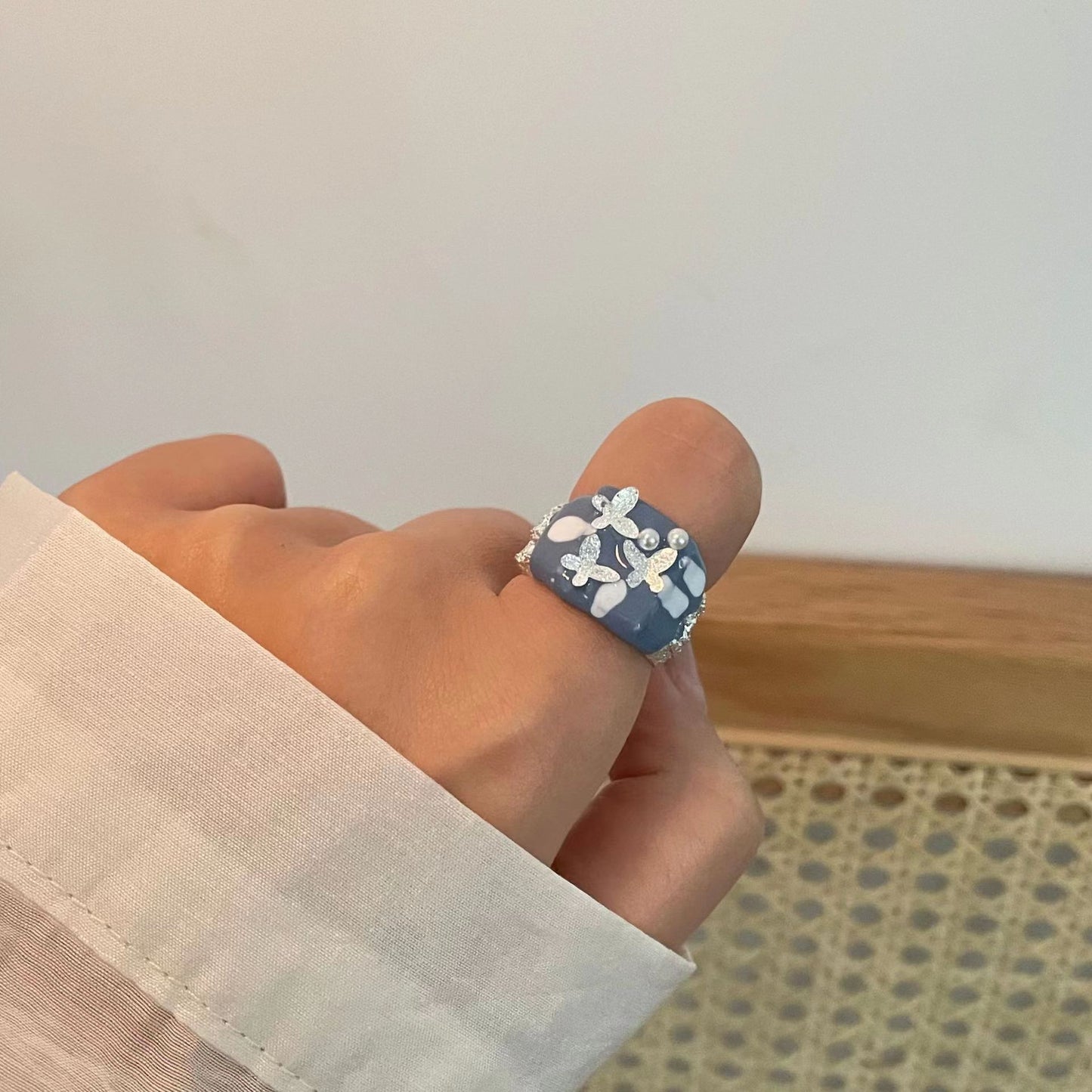 Cat's Eye Alloy Crowd Unisex Open Ring Crowd Design Heavy Industry Simple European and American Style Blue Butterfly