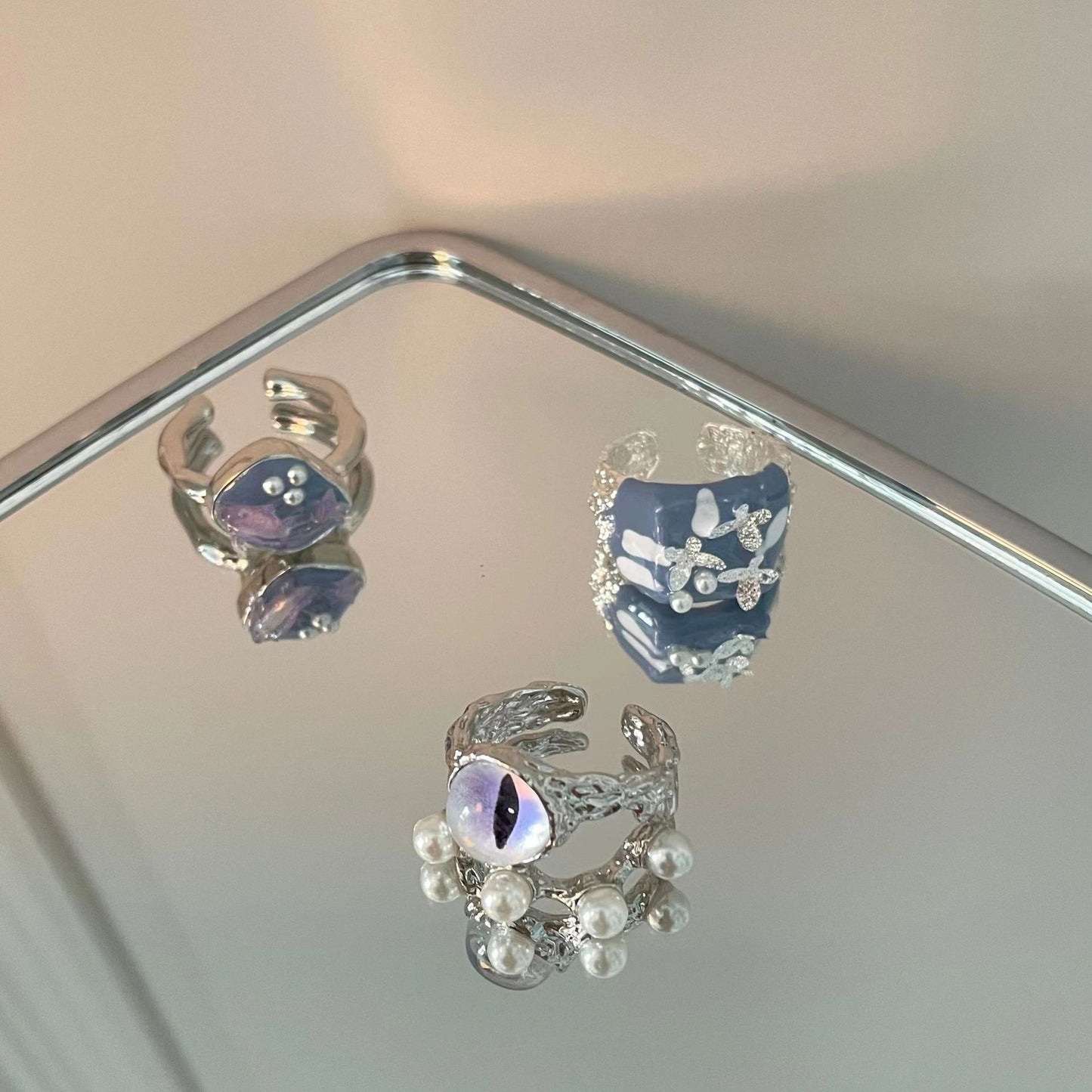 Cat's Eye Alloy Crowd Unisex Open Ring Crowd Design Heavy Industry Simple European and American Style Blue Butterfly