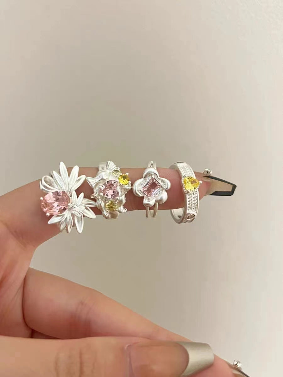 2023 New Pink Zircon Love Flower Layered Ring for Women's Fashion Versatile Personalized Opening Index Finger Ring