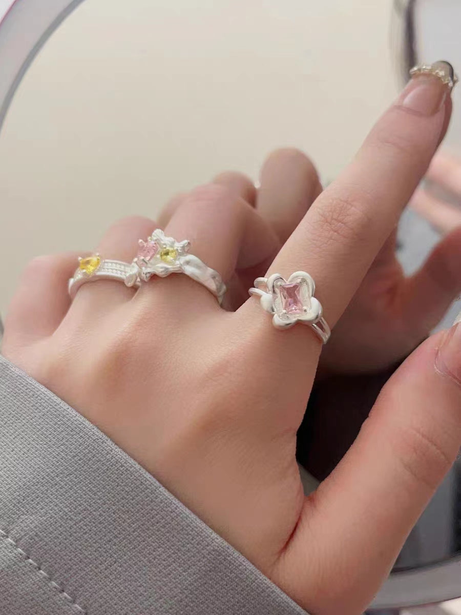 2023 New Pink Zircon Love Flower Layered Ring for Women's Fashion Versatile Personalized Opening Index Finger Ring