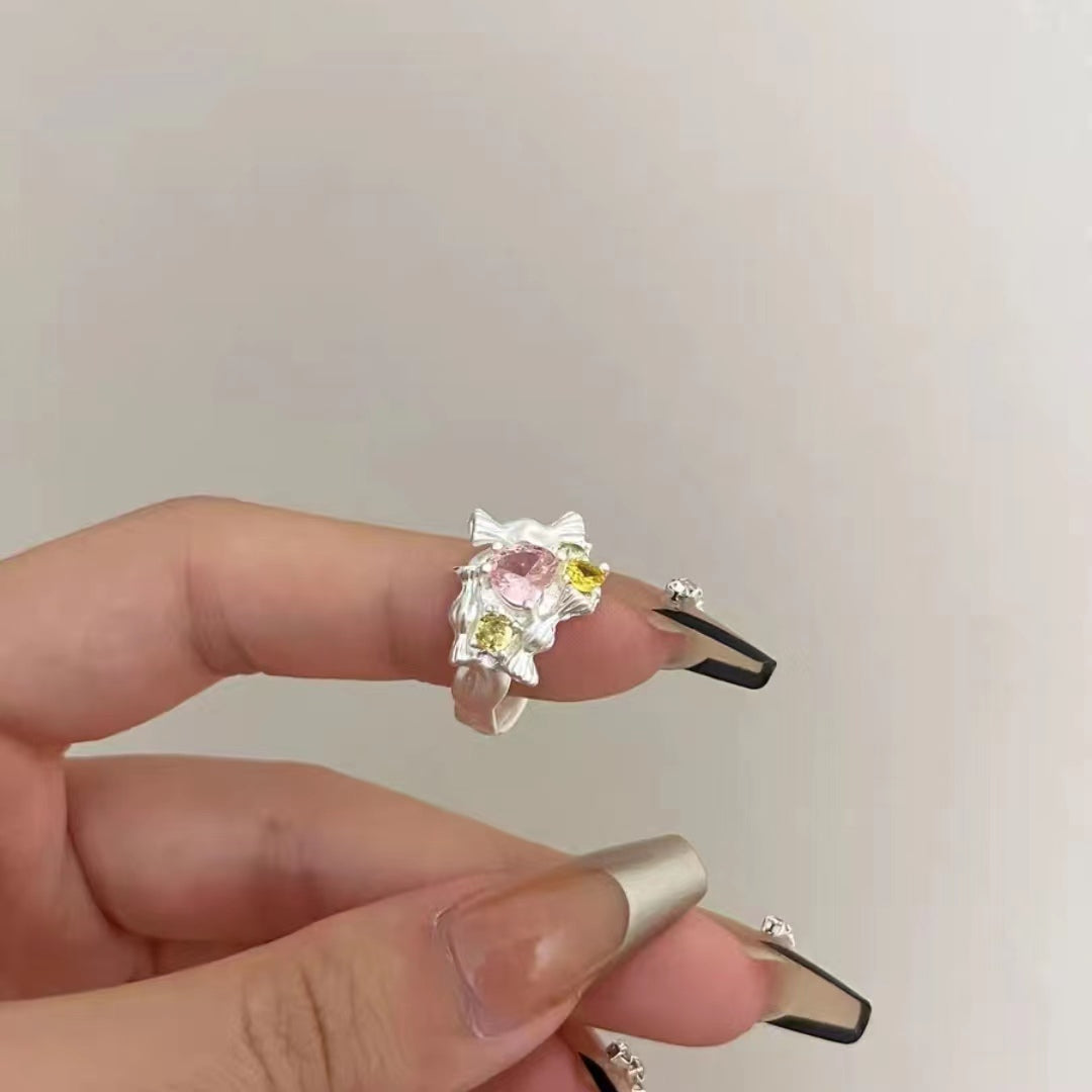 2023 New Pink Zircon Love Flower Layered Ring for Women's Fashion Versatile Personalized Opening Index Finger Ring