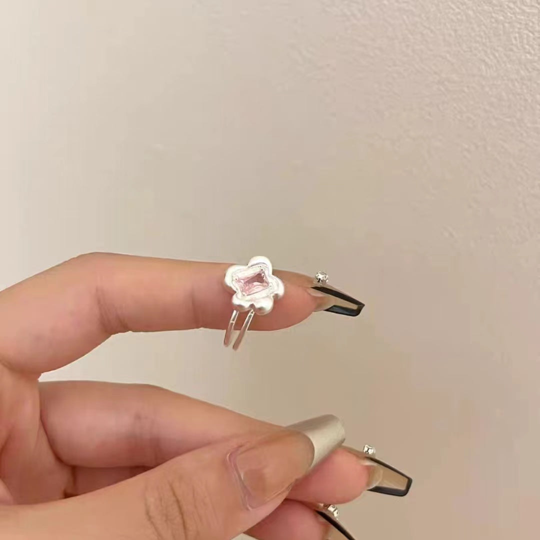 2023 New Pink Zircon Love Flower Layered Ring for Women's Fashion Versatile Personalized Opening Index Finger Ring