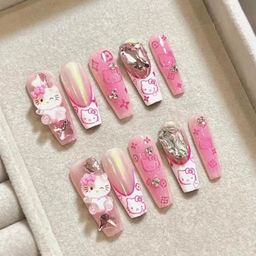 Sweet Spicy Girl Cute Aurora French Kitty Cat Nail Patch Pure Hand Wearing Nail False Nail Patch Finished Product