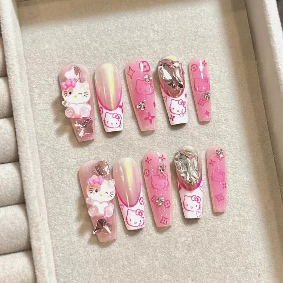 Sweet Spicy Girl Cute Aurora French Kitty Cat Nail Patch Pure Hand Wearing Nail False Nail Patch Finished Product