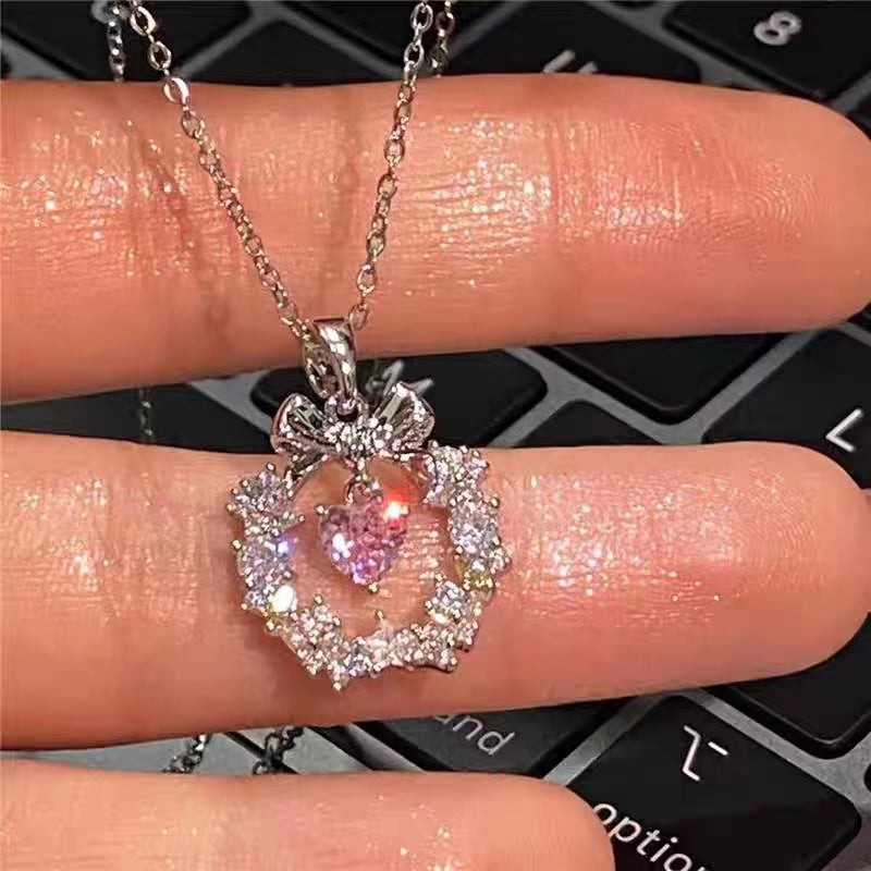 Pink White Stone Necklace Crystal Sparkling