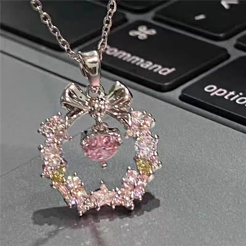 Pink White Stone Necklace Crystal Sparkling