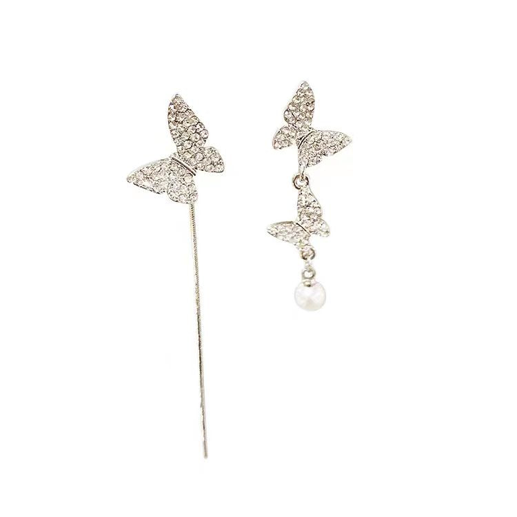 S925 Silver Needle Asymmetric Butterfly Earrings with Light Luxury and Small Design Sense High Grade Earstuds for Women without Ear Holes Earclip Earrings