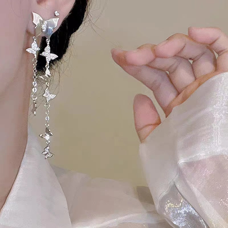 925 Silver Diamond Butterfly Tassel Earrings with Immortal Light Luxury and Small Design Sense Earrings