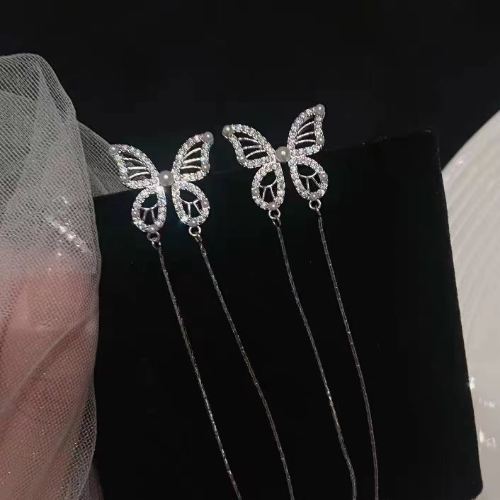 Butterfly Tassel Earrings Earrings Earpins Female Round Face Slim and High Grade Feel Cold Wind Mesh Red Earrings