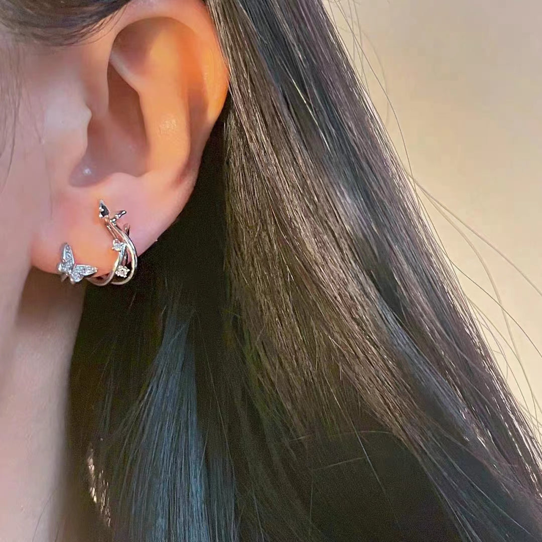 Diamond butterfly without ear holes, mosquito coil with ear clip, gentle and gentle design, exquisite and versatile earrings for girls