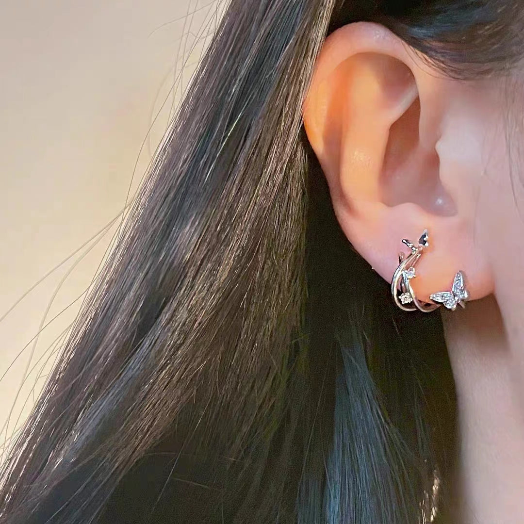 Diamond butterfly without ear holes, mosquito coil with ear clip, gentle and gentle design, exquisite and versatile earrings for girls