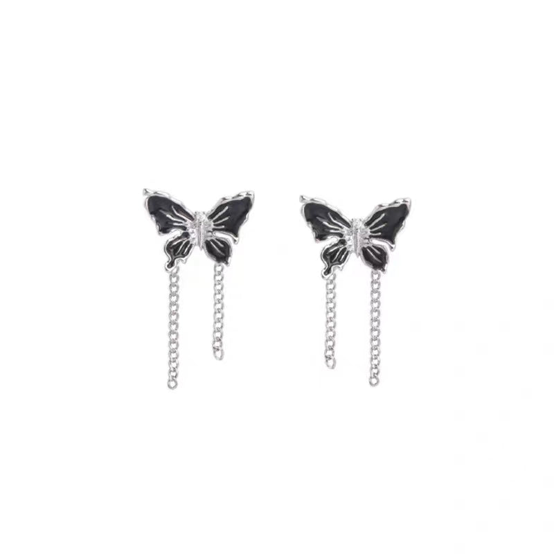 Black Butterfly Tassel Chain Earrings for Women, Light Luxury, Small and Popular Personality, Temperament Earrings, Sweet and Cool Style, Japanese and Korean Earrings