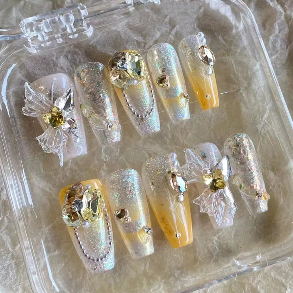 Pure handmade Sweetheart Spicy Girl High grade Nail Wearing Short Style Checkerboard with Diamond Moon Silver Butterfly Nail