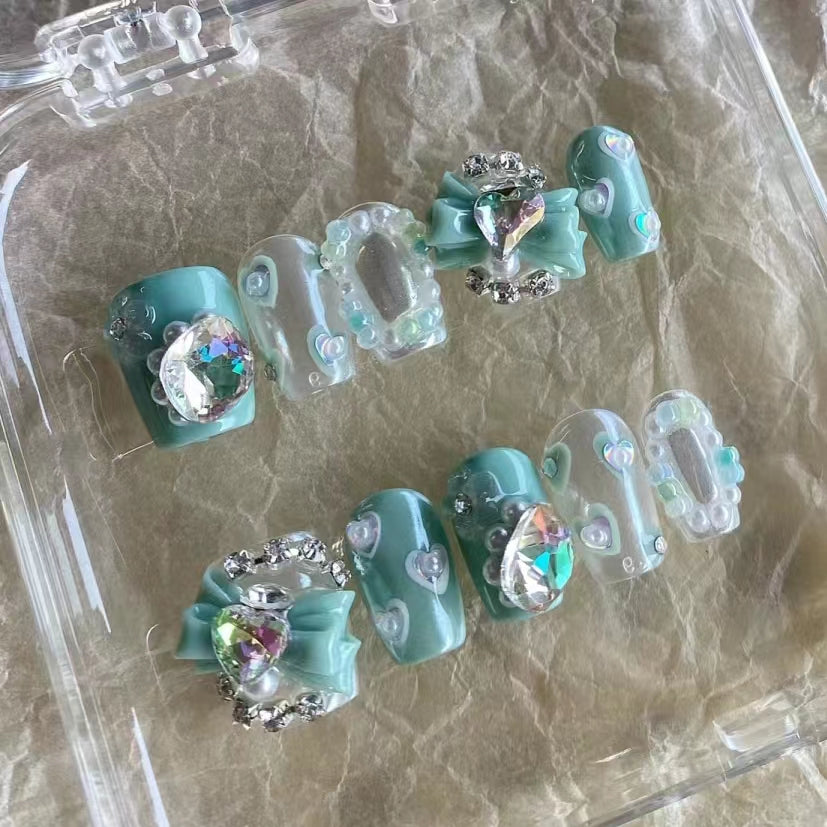 Pure handmade Sweetheart Spicy Girl High grade Nail Wearing Short Style Checkerboard with Diamond Moon Silver Butterfly Nail