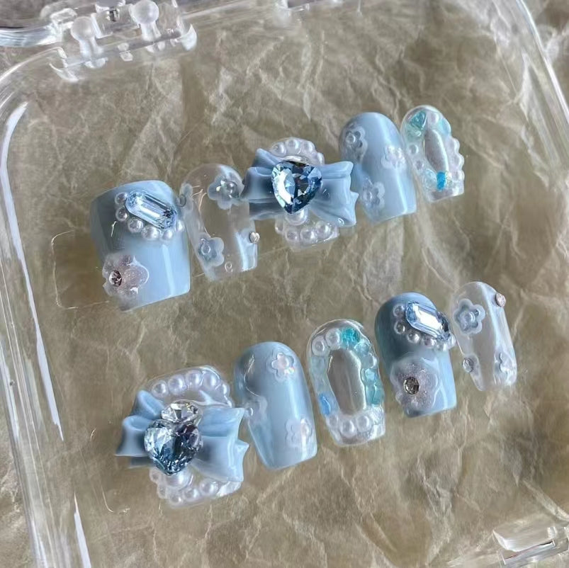 Pure handmade Sweetheart Spicy Girl High grade Nail Wearing Short Style Checkerboard with Diamond Moon Silver Butterfly Nail