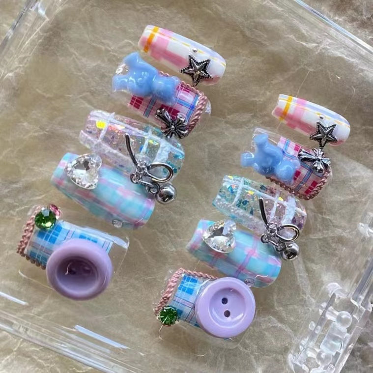 Purple blue button nails, long nails, short nails