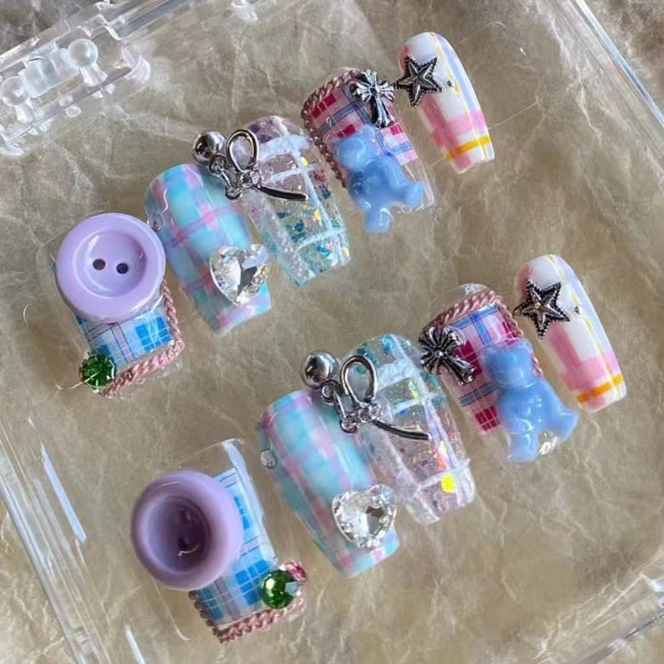 Purple blue button nails, long nails, short nails